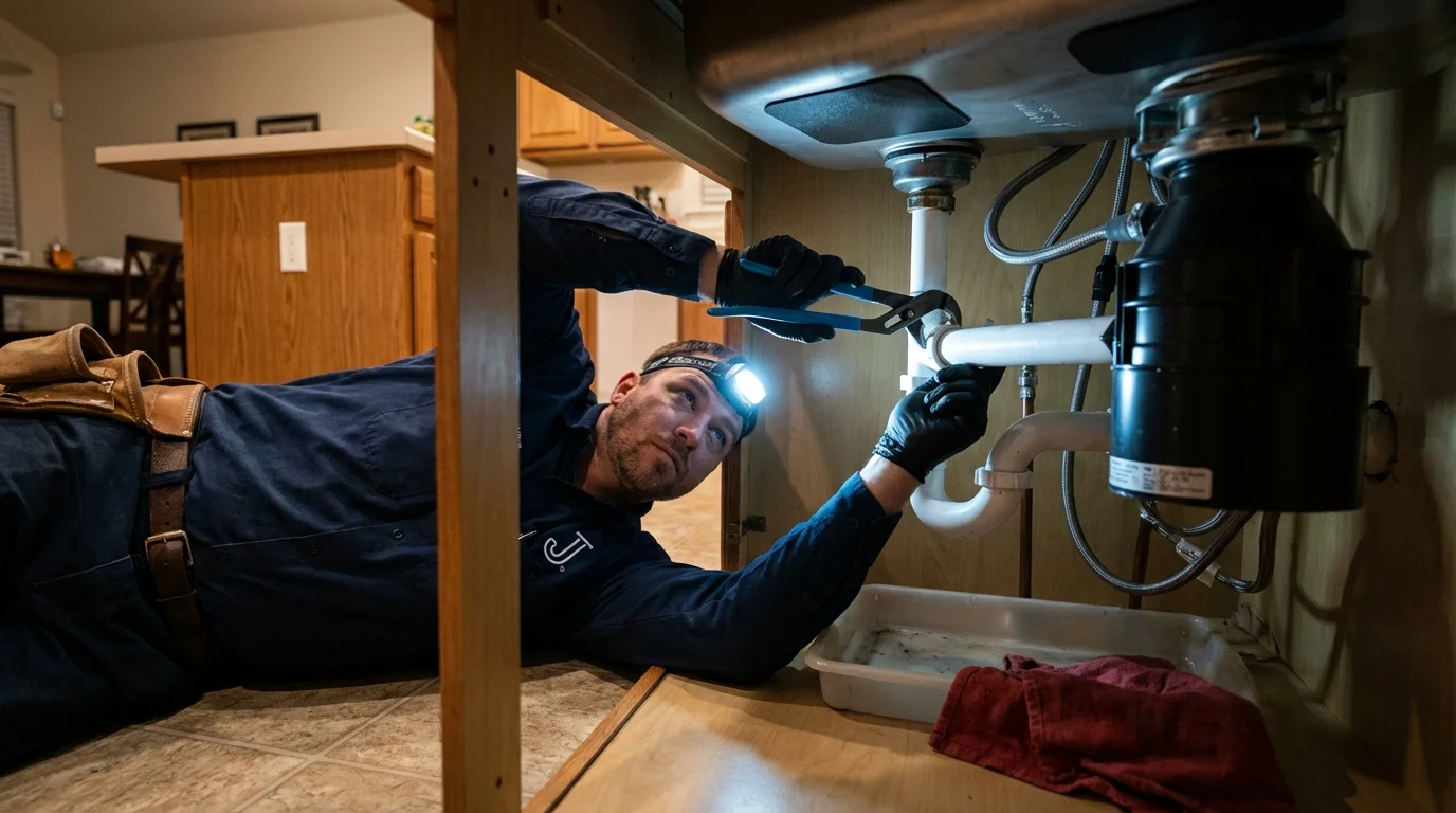 P-trap and supply line connections under a kitchen sink showing a common leak point in Imperial Beach, CA